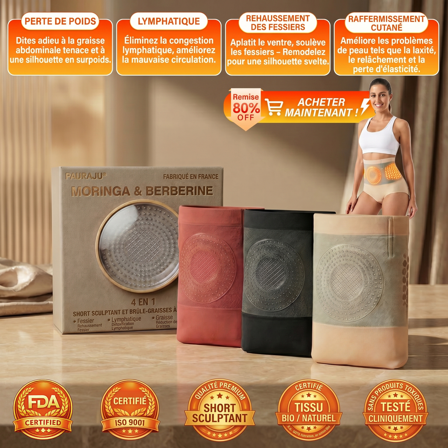 Boutique Officielle | 👩‍❤️‍👨👩‍❤️‍👨𝐏𝐀𝐔𝐑𝐀𝐉𝐔® 2026 Short Sculptant & Brûle-Graisses 4-en-1 aux Micro-Particules de Moringa & Berbérine-LYJ